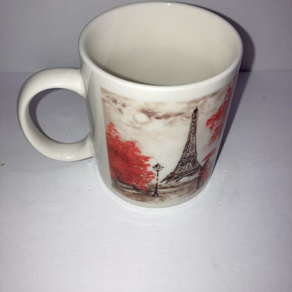 Paris France Eiffel Tower Coffee Mug Cup Couple Red Umbrella Red Blooms on Tree - Picture 2 of 6